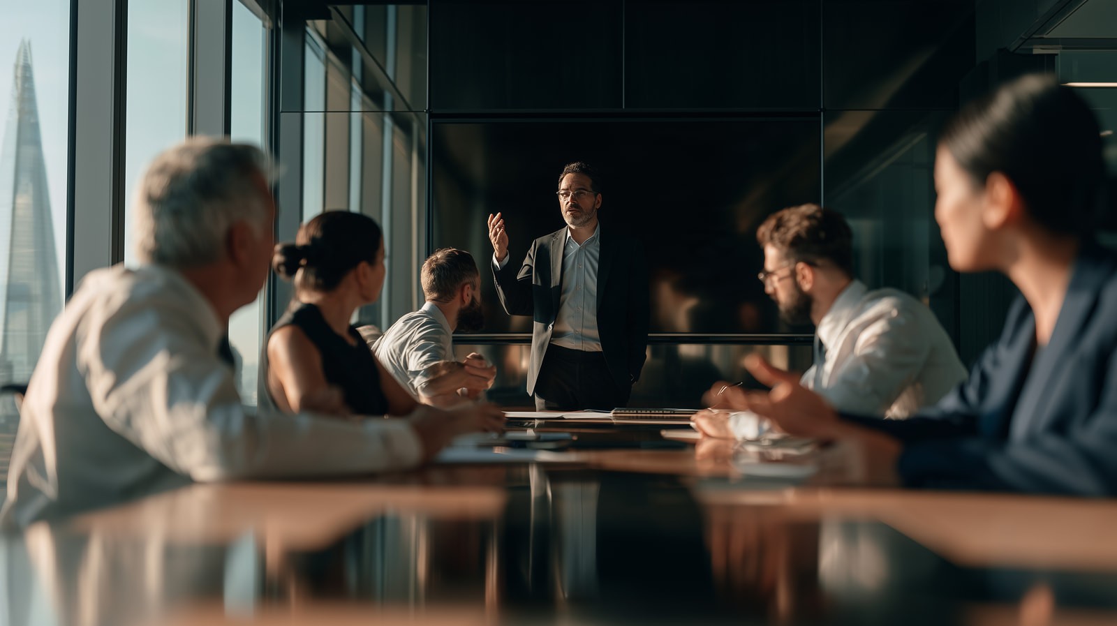 A Cybix partner presenting to a boardroom, the Shard behind the glass.