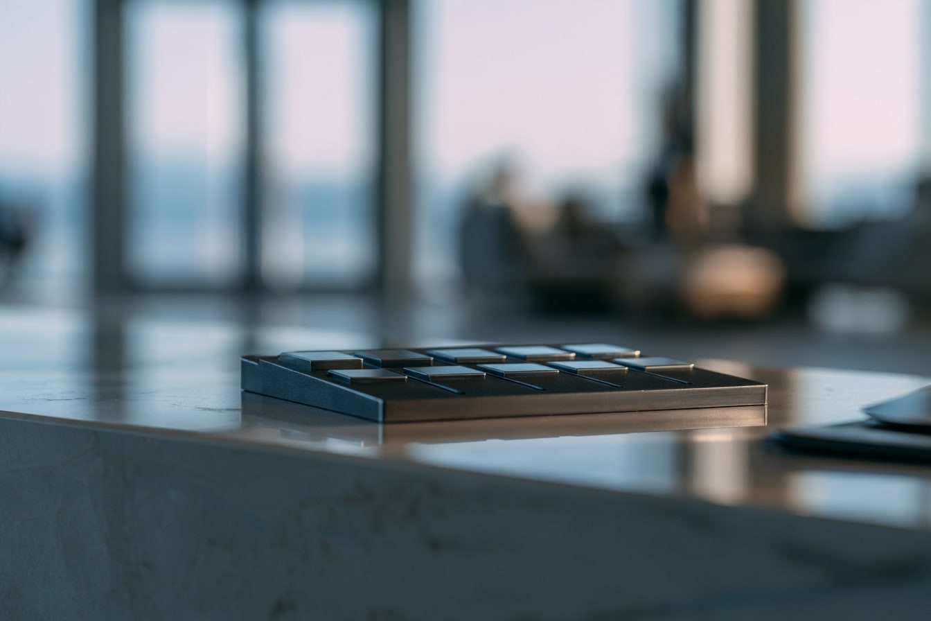 A steel tray of small cells on a stone counter, a team at work beyond.