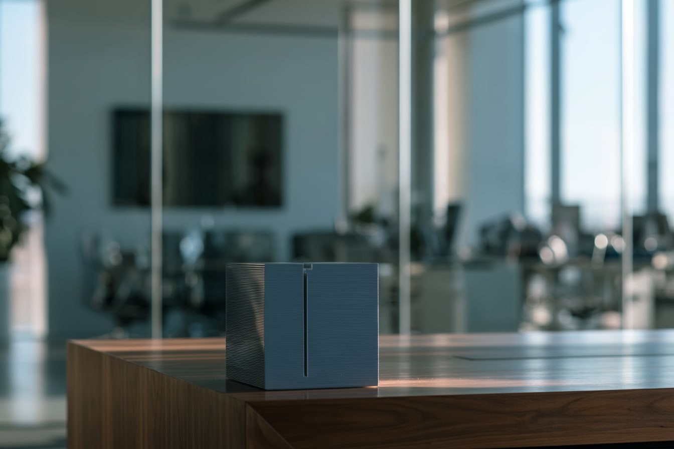 A brushed metal cube on a walnut desk, the office soft behind it.